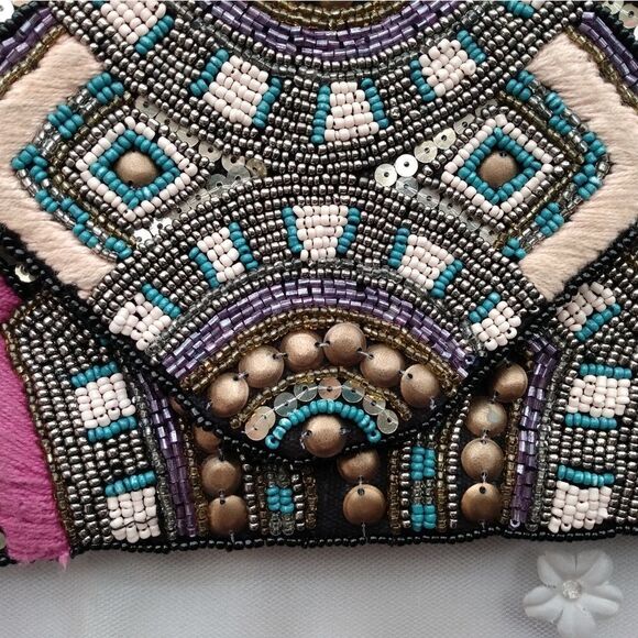 EUC Multicolored Handmade India Glass Beaded Boho Cotton & Leather Snap Clutch - Picture 4 of 13